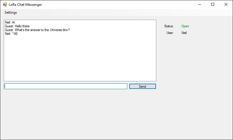 A screenshot of a windows chat app for LoRa Chat.